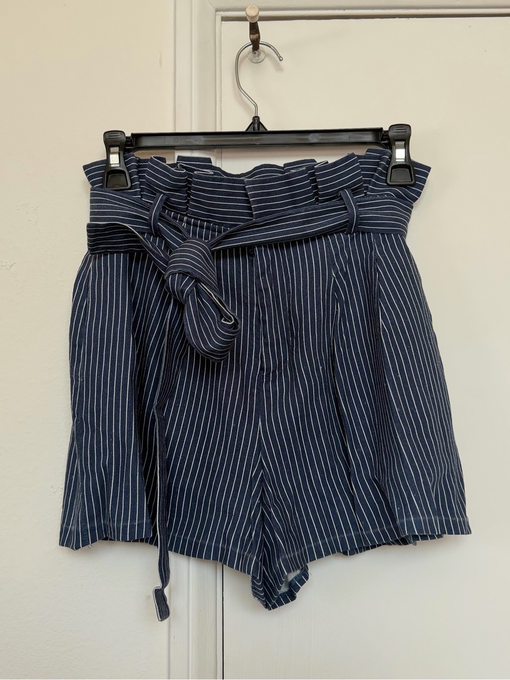 Alice + Olivia Navy and White Pinstripe Paperbag Waist Shorts